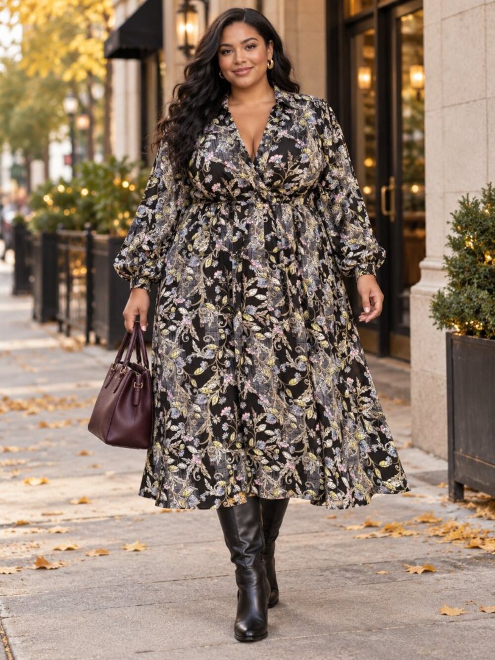 Torrid 4 4X Black Floral Paisley Midi Shirt Dress Long Sleeve Plus Size
